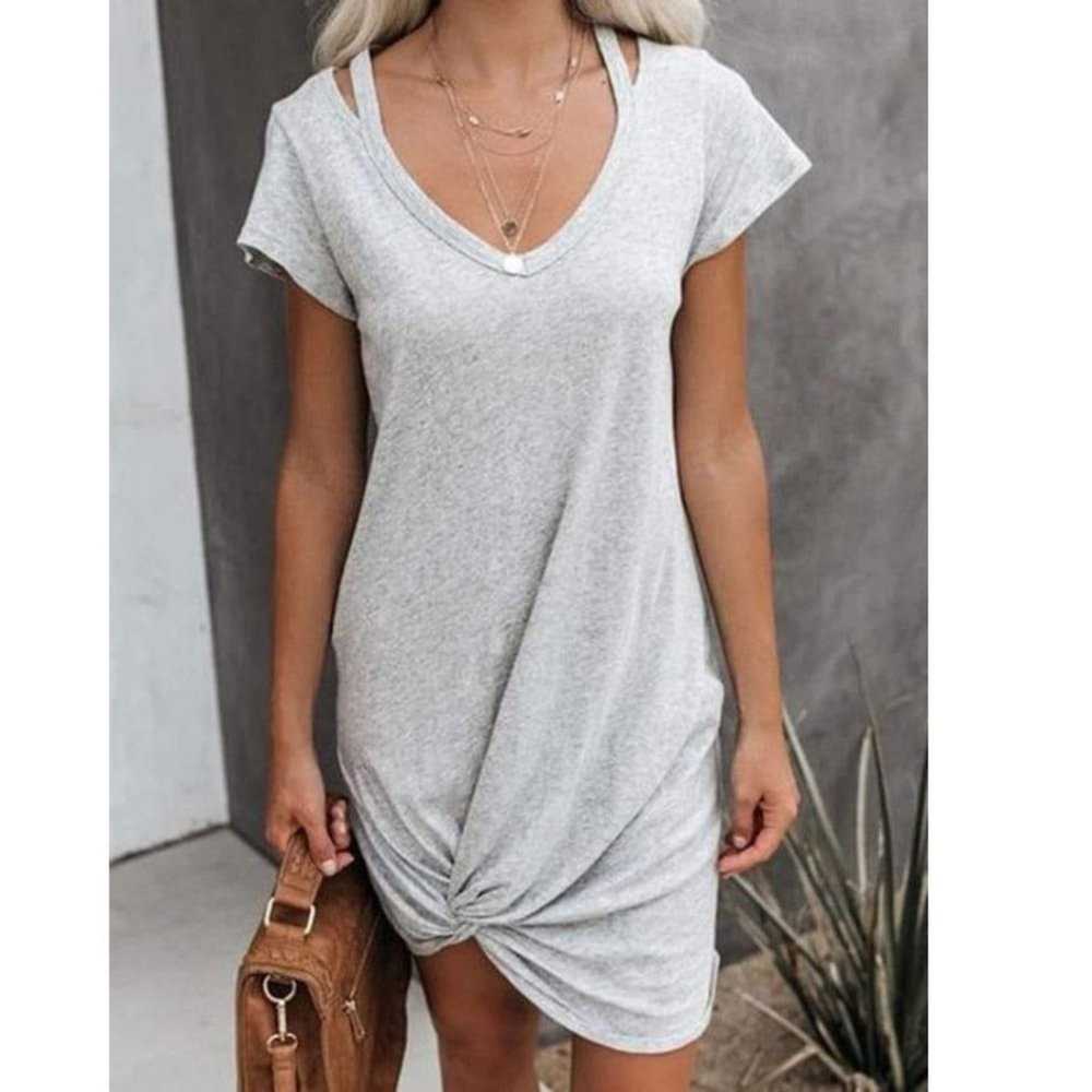 Twist Front T-shirt Dress in Heather Gray